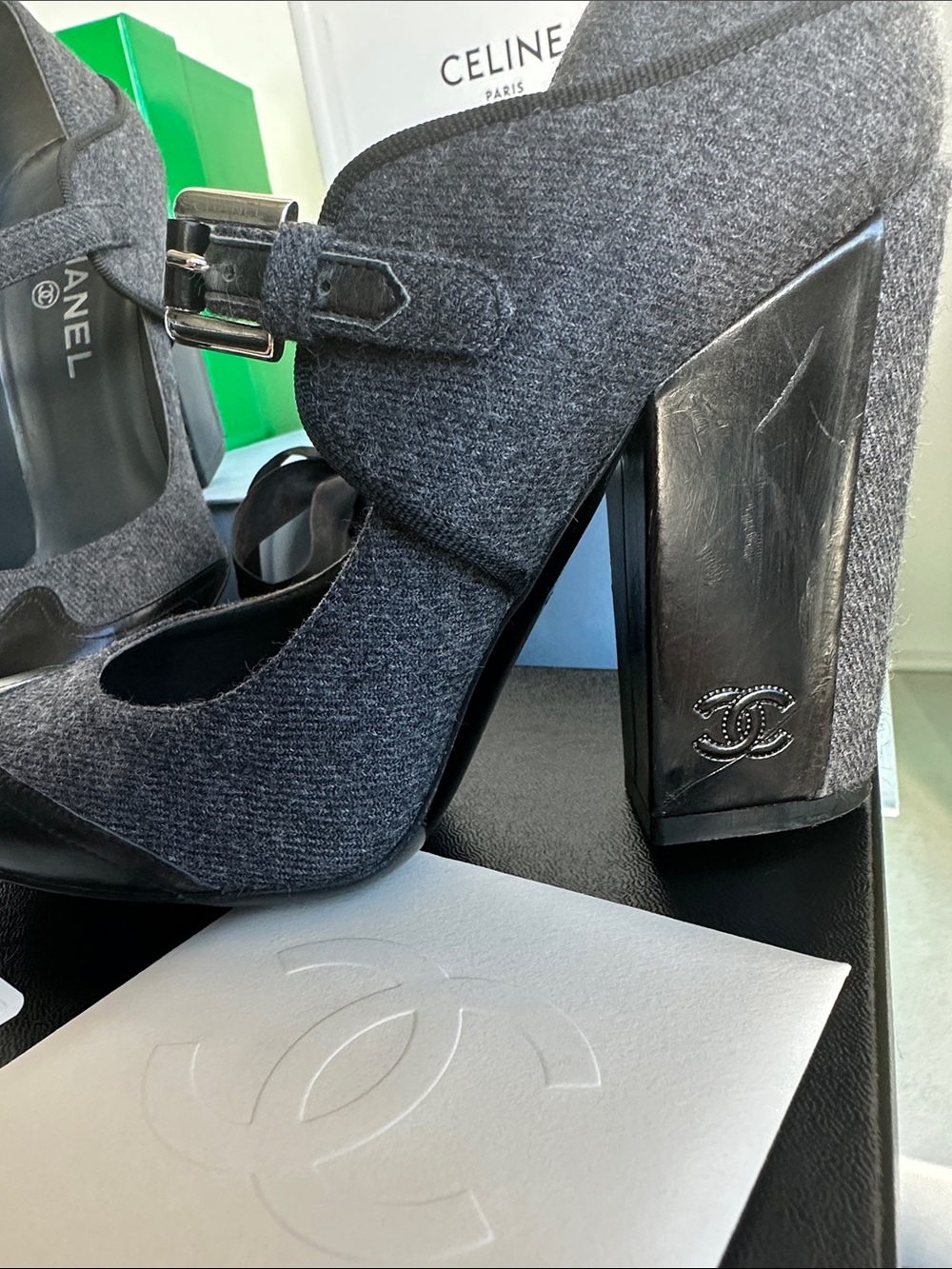 CHANEL Black and Charcoal Mary Jane Heels - Picture 4 of 10